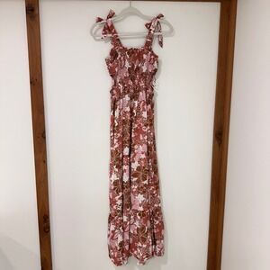 Japna Floral Smocked Cutout Maxi Dress Womens Medium Pink Brown Tie Strap | Boho